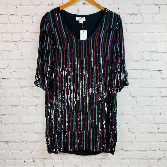 NEW! Anthro Elisa Rainbow Sequin Vertical Striped Shirt Dress - Picture 9 of 15